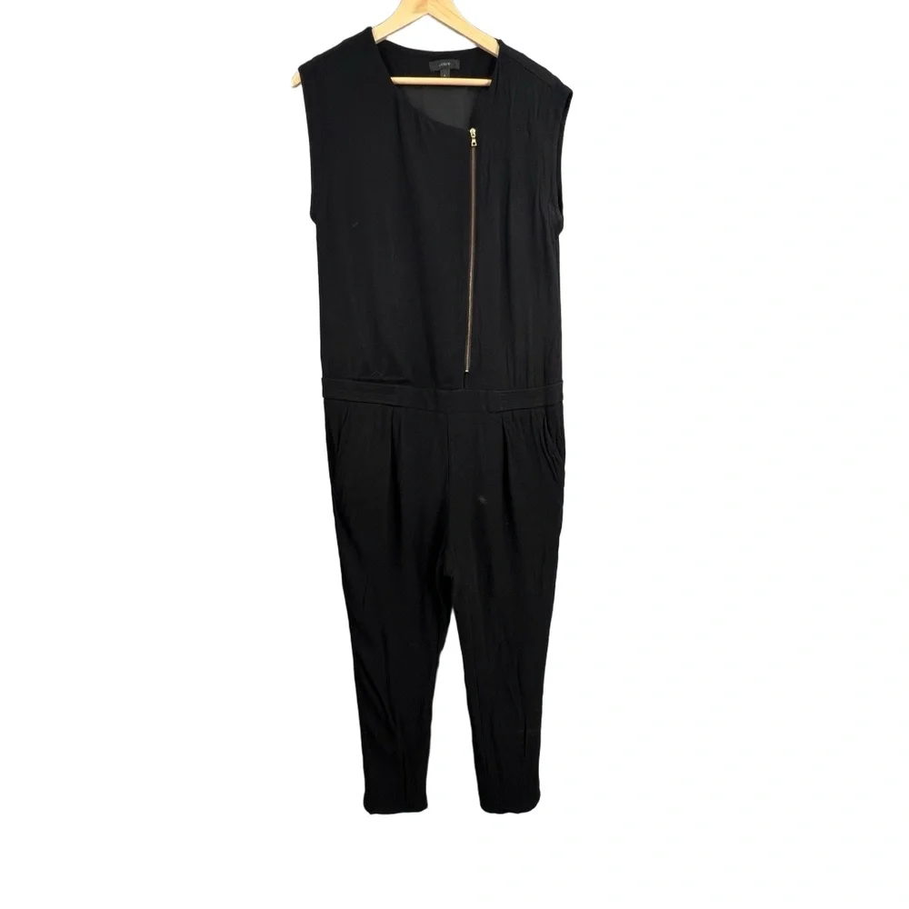 J.CREW Jumpsuit Black Asymmetrical Zip Sleeveless Tapered Minimalist Size 8‎